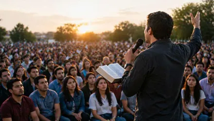 Fieles sentados ante un pastor evangélico que les da un sermón.