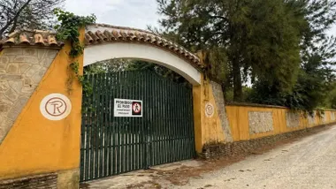 Entrada a la finca que está ocupada. Puerta verde y muro color albero.