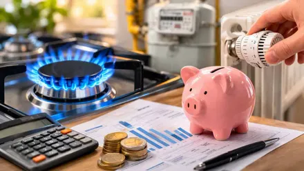 Gas junto a facturas, dinero y una hucha en forma de cerdito.