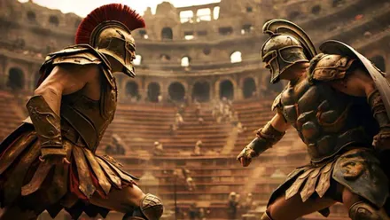 Dos gladiadores enfrentados en la arena del circo.