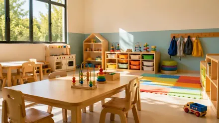 Pupitres y mesas pequeñas para niños y niñas en una escuela infantil.