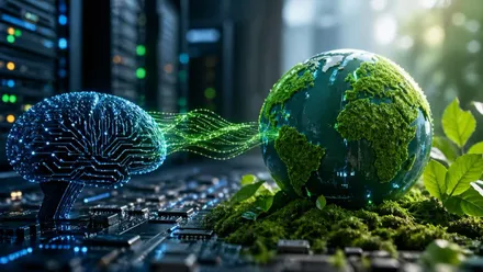 Cerebro y Tierra virtuales en tonos azules y verdes.