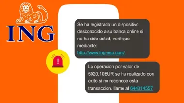 Mensaje de SMS donde se indica de un cargo por un valor muy elevado, es un fraude usando la imagen de ING.
