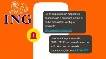 Mensaje de SMS donde se indica de un cargo por un valor muy elevado, es un fraude usando la imagen de ING.