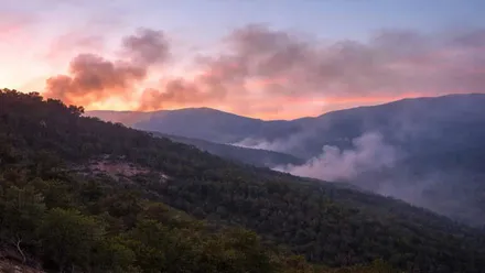 Montes con humo al alba en Media-Sidonia.