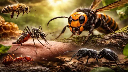 El avispón, mosquitos tigres, hormigas rojas en una imagen sobre insectos que provocan picaduras dolorosas.