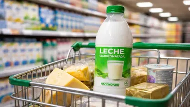 Carro en el supermercado con productos destacando una botella de leche con la etiqueta verde.