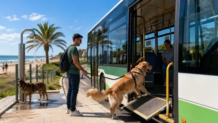 Persona con su perro que sube a un autobús.