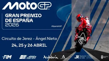 Cartel del Gran Premio de España en Jerez 2026, destacan los tonos azules y una moto roja, una Ducatti.