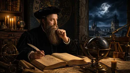 Nostradamus ante su libro y concentrado mirando por una ventana al horizonte.