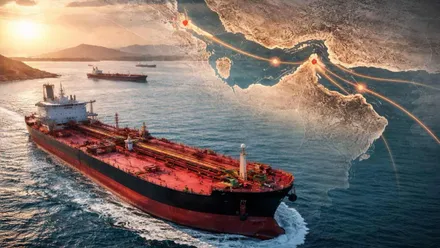 Dos petroleros en el Estrecho de Ormuz y un mapa encima de ellos a la derecha.