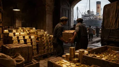 Estibadores cargando barras de oro.