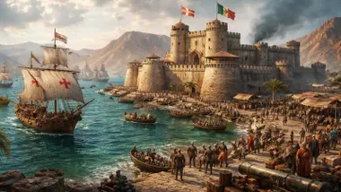 Galeón español llegando a la fortaleza de la isla de Ormuz.