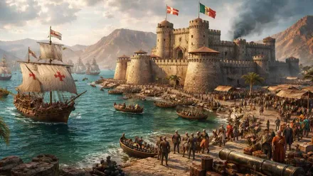 Galeón español llegando a la fortaleza de la isla de Ormuz.