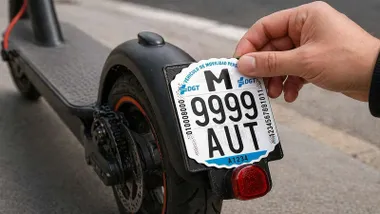 Persona poniendo la matrícula a un patinete.