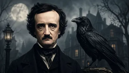 Edgar Allan Poe con semblante serio junto a un cuervo.