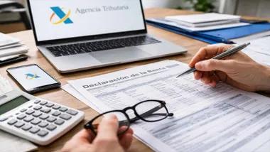 Mano con un bolígrafo y en la otra unas gafas rellenando la declaración de la Renta.