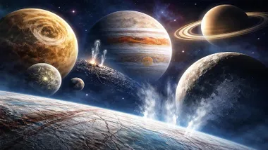 Júpiter, Saturno, lunas del Sistema Solar.