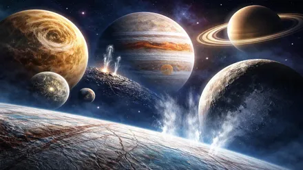 Júpiter, Saturno, lunas del Sistema Solar.