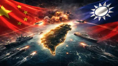 Mapa de Taiwán y la amenaza China, todo ello con aviones y barcos de combate.