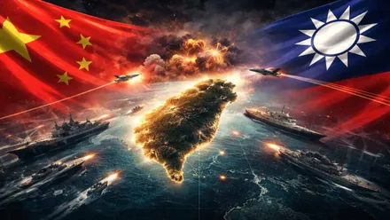 Mapa de Taiwán y la amenaza China, todo ello con aviones y barcos de combate.