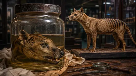 Frasco con una cabeza de tigre de Tasmania y un ejemplar a su derecha.