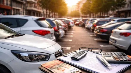 Muchos vehículos aparcados en una calle y una carpeta con documentos, gafas y calculadora.