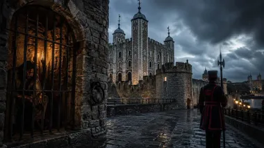 La Torre de Londres en la noche con las celdas y un centinela.