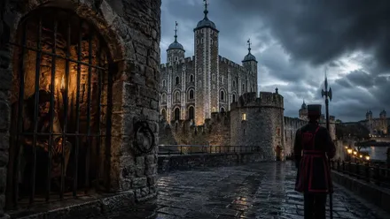 La Torre de Londres en la noche con las celdas y un centinela.
