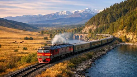 Máquina roja del Transiberiano tirando de los vagones por un paisaje montañoso tras el mismo.