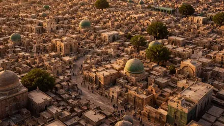 Aparente ciudad con construcciones que es el cementerio de Wadi al-Salam.
