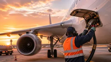 Avión cargando queroseno controlado por un operario.