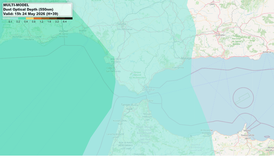 La calima continuará el domingo sobre el Golfo de Cádiz y el entorno del Estrecho, según los modelos de polvo en suspensión.