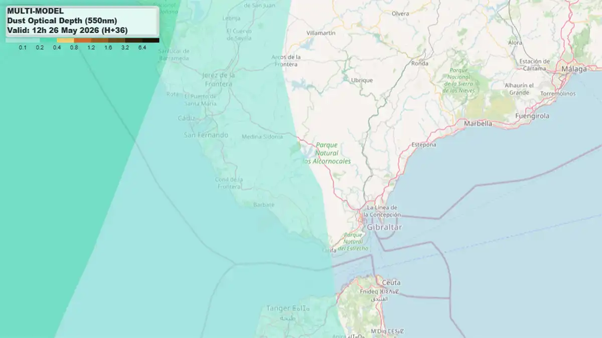 La calima seguirá presente el martes, aunque con una distribución más irregular sobre el Golfo de Cádiz y el Estrecho.