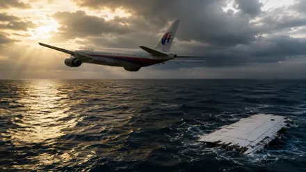 Avión con los colores azul y rojo y un trozo de flaperón en el agua.