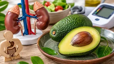Aguacate junto a un modelo humano y de anatomía de riñones junto a aparatos de medir.