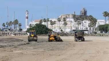 Tractores retirando algas invasoras en una playa de Rota.