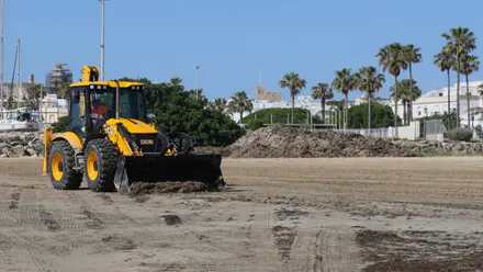 Excavadora de color amarillo retirando algas invasoras de una playa roteña.
