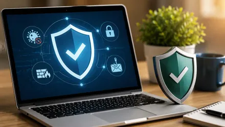 Un ordenador portátil en cuya pantalla se está ejecutando el antivirus.