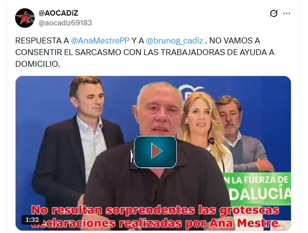Duras críticas de Autonomía Obrera a Ana Mestre por sus declaraciones sobre la ayuda a domicilio en Cádiz: “Muy poca vergüenza”
