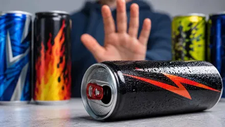 Varias latas de bebidas energéticas y una mano en actitud de rechazo.