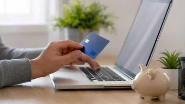 Persona frente a un ordenador portátil que hace una compra on-line.