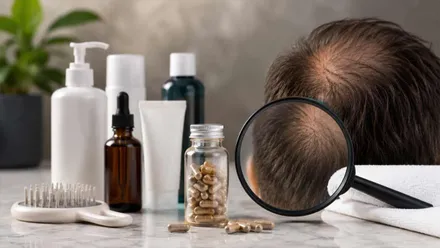 Diferentes productos contra la caída del cabello y una lupa sobre la cabellera de una persona.