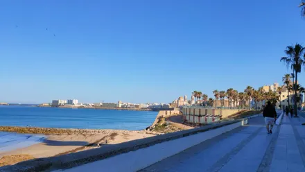 Imagen del Campo del Sur y la catedral de Cádiz desde la playa de Santa María del Mar en un día despejado y luminoso