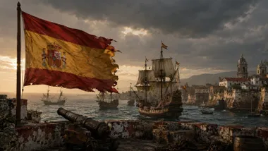 Galeón español partiendo de puerto y bandera de España raída.