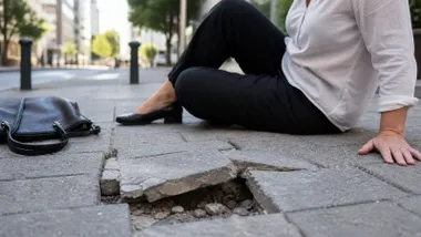 Mujer caída al tropezar con una baldosa rota de la calle.