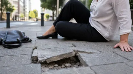 Mujer caída al tropezar con una baldosa rota de la calle.