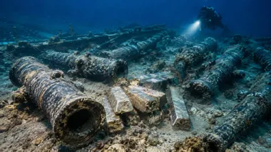 Cañones y lingotes bajo agua siendo inspeccionados por un submarinista.