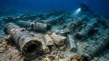 Cañones y lingotes bajo agua siendo inspeccionados por un submarinista.