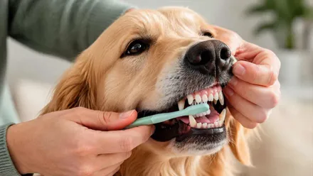 Perro al que le están limpiando con un cepillo los dientes.